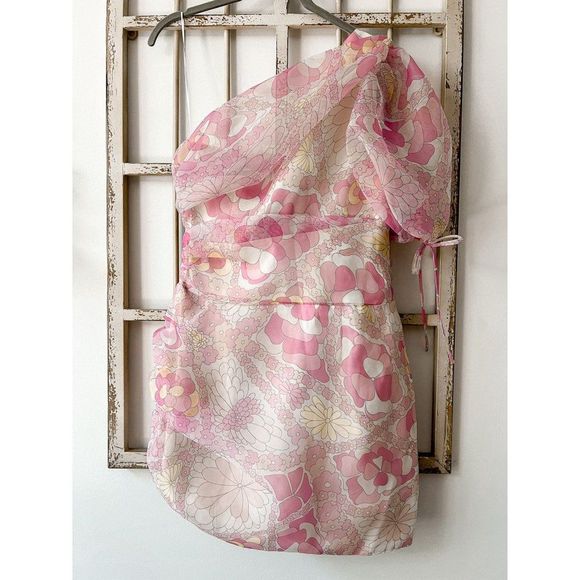 Amanda Uprichard Manuela Pink One Shoulder Mini Dress Floral Organza - Picture 3 of 8